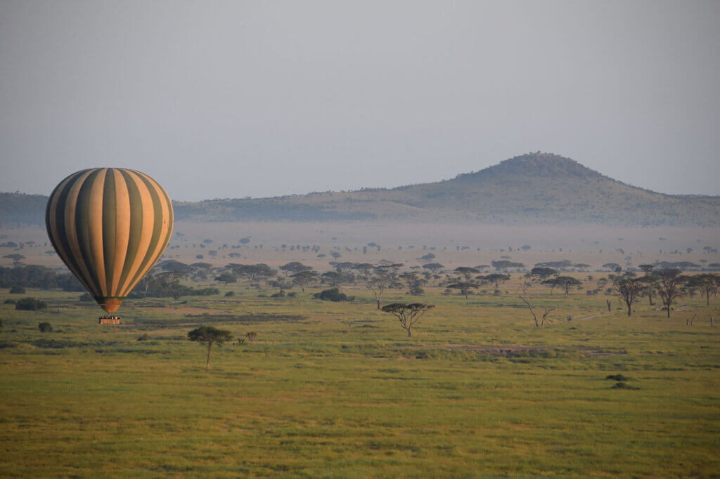 Ein Heißluftballon schwebt über der Savanne der Serengeti.